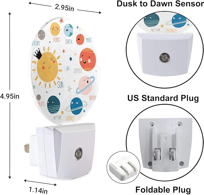 Solar System Night Light Planets Stars Satellites in Universe Cartoon Night Lights Plug into Wall Dusk to Dawn Sensor LED Lighting for Boys Girls Room Decor, 0.5W Sleep Friendly