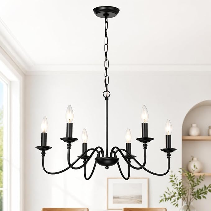 Farmhouse Black Chandelier 6-Light Candle Style Rustic Chandelier, Industrial Metal French Country Ceiling Light Fixture for Dining Room, Kitchen Island, Living Room, Bedroom, Entryway, Foyer