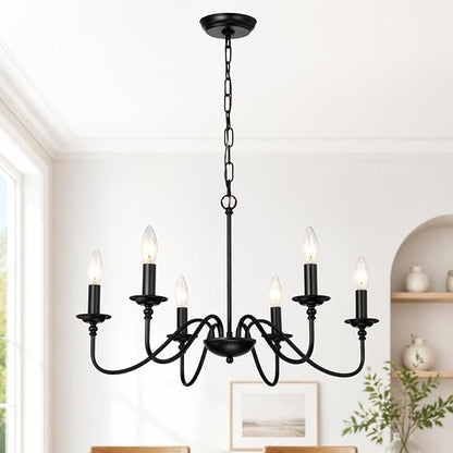 Farmhouse Black Chandelier 6-Light Candle Style Rustic Chandelier, Industrial Metal French Country Ceiling Light Fixture for Dining Room, Kitchen Island, Living Room, Bedroom, Entryway, Foyer
