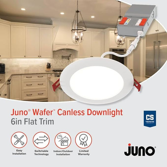 Juno LED Recessed Lights 6 Inch Round Baffle Wafer Downlight, 5-in-1 Switchable White Color Temperature, Adjustable Brightness, 120 Volts, 6-Inch Flat Trim, 6 Pack, Matte White