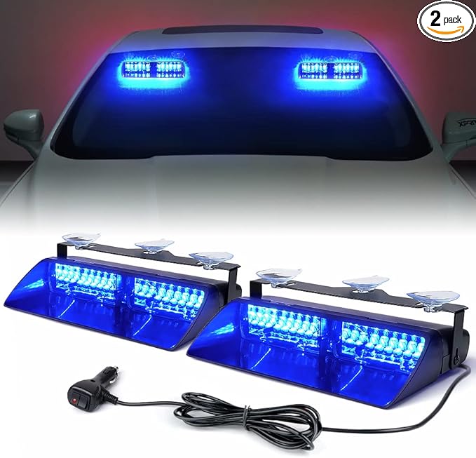 Xprite 2×11 inch High Intensity Blue 32 LED Emergency Strobe Dash Lights, Interior Windshield Flashing Police Light w/Suction Cups for Police Law Enforcement POV Vehicles Trucks