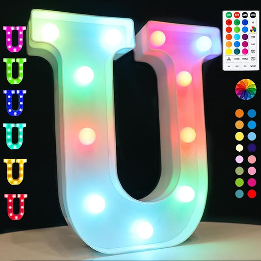 LED Marquee Letter Lights, 18 Colors Changing Light Up Letters with Remote, RGB Alphabet Letters Sign for Girls Boys Gift Birthday Party Night Light Bedroom Wedding Christmas Decor-Colorful U