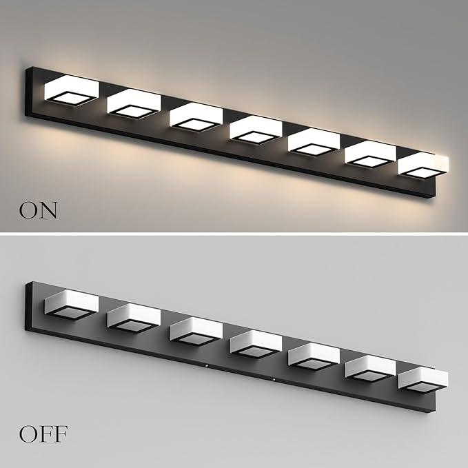 Ralbay 46" LED Matte Black Vanity Lights 7 Lights Acrylic Metal Black Modern Vanity Lights Black Bathroom Lighting Fixtures Over Long Mirror (Natural White Light 4500K)