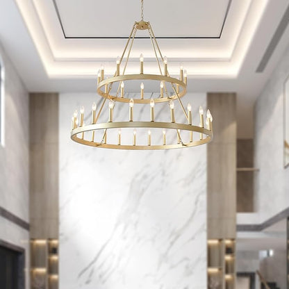 HHR 48" Gold Wagon Wheel Chandelier 2 Tiers, 36-Light Large Farmhouse Chandelier for High Ceilings, Round Rustic Pendant Light Fixture for Foyer, Entryway, Dining Room, E12