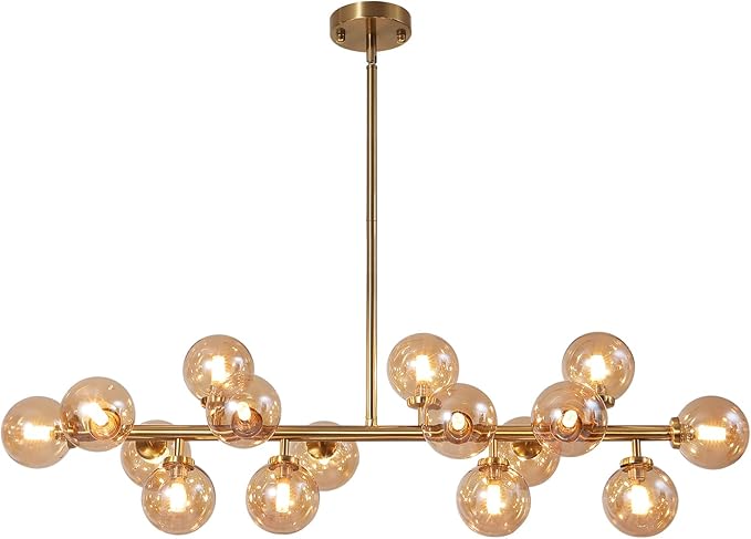 Modern Gold Chandelier Rectangle Pendant Light Ammber Globe Glass Sputnik Chandeliers Hanging Light Fixture 16-Light