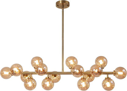 Modern Gold Chandelier Rectangle Pendant Light Ammber Globe Glass Sputnik Chandeliers Hanging Light Fixture 16-Light