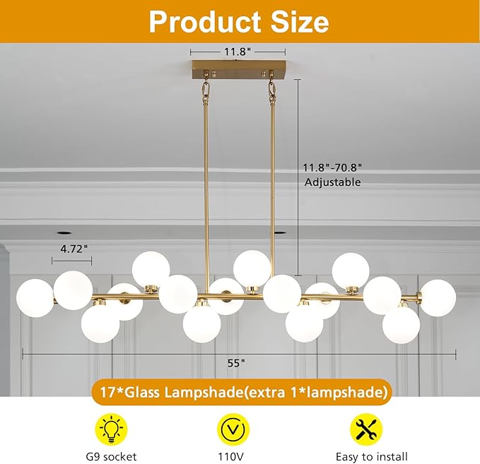 55" Brass Linear Chandelier, 16 Lights Mid Century Modern Sputnik Chandelier, Large Pendant Lights Kitchen Island with White Glass Lampshade, Bubble Chandelier for Kitchen Over Table - Gold