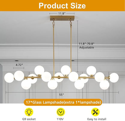 55" Brass Linear Chandelier, 16 Lights Mid Century Modern Sputnik Chandelier, Large Pendant Lights Kitchen Island with White Glass Lampshade, Bubble Chandelier for Kitchen Over Table - Gold