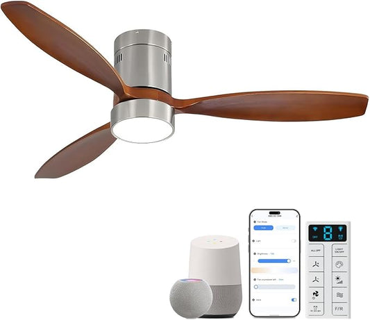 Sofucor 52 Inch Smart Ceiling Fans with Light-Modern Solid Wood Outdoor 3 Blades Ceiling Fan with Alexa/Google/APP/Remote Control for Bedroom Living Room Indoor Farmhouse Patio,DC Motor,Silver & Brown