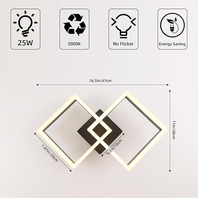 18.5 inch Ceiling Light, 3000K Flush Mount Ceiling Light, Black LED Ceiling Light, Suitable for Living Room, Dining Room, and Bedroom.