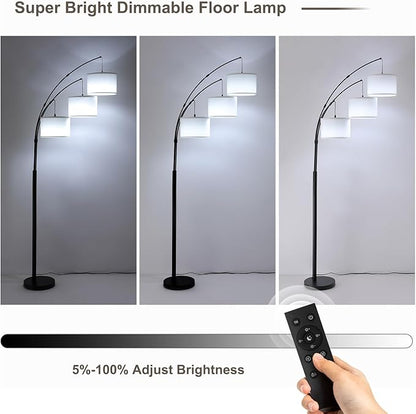 Floor lamp with Remote, 3 Light Arc Floor Lamps for Living Room, 2400LM Tall Standing Floor Lamps with White Shades, 80" Large Floor Lamp for Bedroom, Office