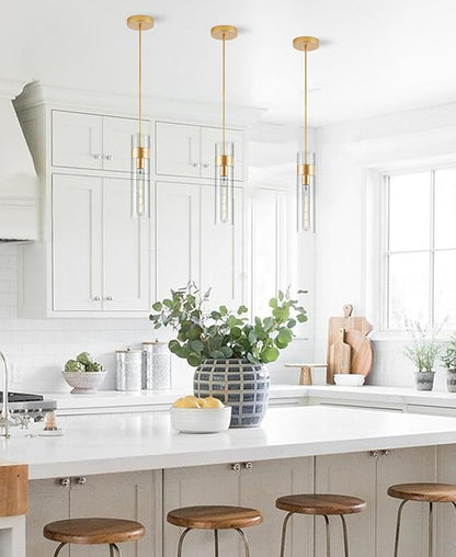 3 Pack Gold Pendant Lights Kitchen Island (Bulbs Included), Adjustable Modern Glass Pendant Light Over Island, Industrial Pendant Light Fixtures for Dining Room Hallway Bedroom Living Room