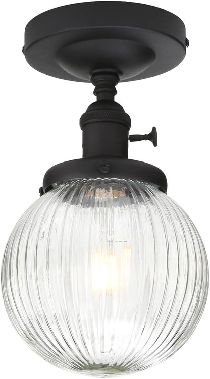 Yosoan 1-Light Indoor On Off Switch Hallway Ceiling Light, Modern Single Vintage Industrial Semi Flush Mounted with Retro Striped Round Shade for Kitchen Entry Bathroom Bedroom(Matte Black)