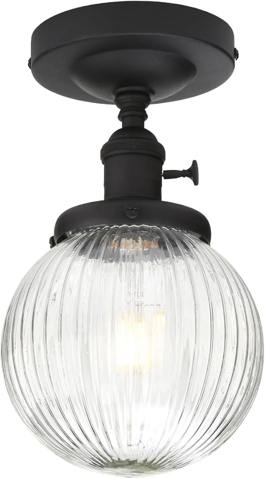 Yosoan 1-Light Indoor On Off Switch Hallway Ceiling Light, Modern Single Vintage Industrial Semi Flush Mounted with Retro Striped Round Shade for Kitchen Entry Bathroom Bedroom(Matte Black)