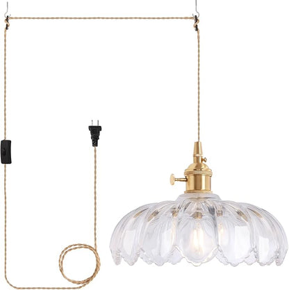 Shenmoyl Plug in Pendant Light Hanging Light Fixtures with Plugin Cord On/Off Switch,Clear Scindapsus Glass Lampshade Brass Pendant Light