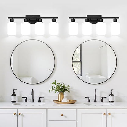 Indoi 4-Light Bathroom Light Fixtures, Matte Black Vanity Lights with Milk Glass Shades, Modern Bathroom Wall Lamp for Mirror Living Room Bedroom Porch