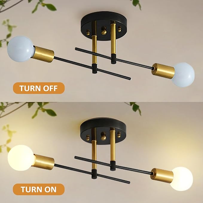 Modern Sputnik Chandelier 2-Light Adjustable Ceiling Light Fixture Black Semi Flush Mount Ceiling Lamp with E26 Base Industrial Ceiling Light for Dining Room Bedroom Foyer Hallway Living Room