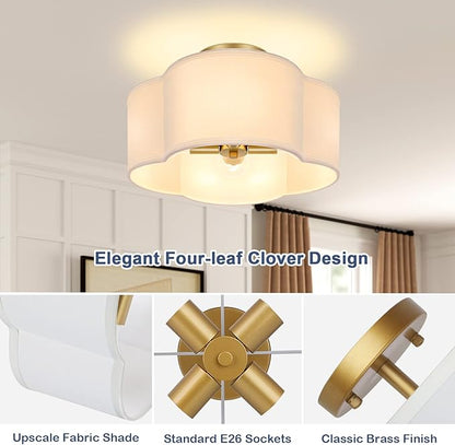4-Light 14.4'' Semi Flush Mount Ceiling Light Fixture, Gold Modern Close to Ceiling Lamp with White Fabric Shade, Farmhouse Bright Lighting Brass Finish for Nursery Kids Room Bedroom Hallway Entryway