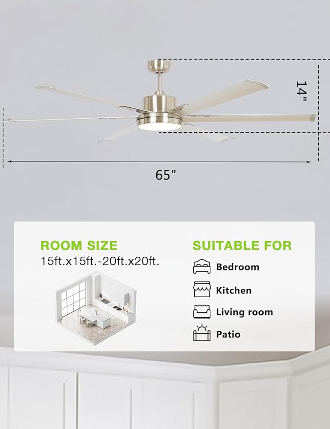 65-Inch DC Motor Ceiling Fan with LED Light, 6 Aluminum Blades, Remote Control, Sand Nickel Finish, 2700K Warm White, Energy Efficient Indoor Ceiling Fan for Living Room & Bedroom