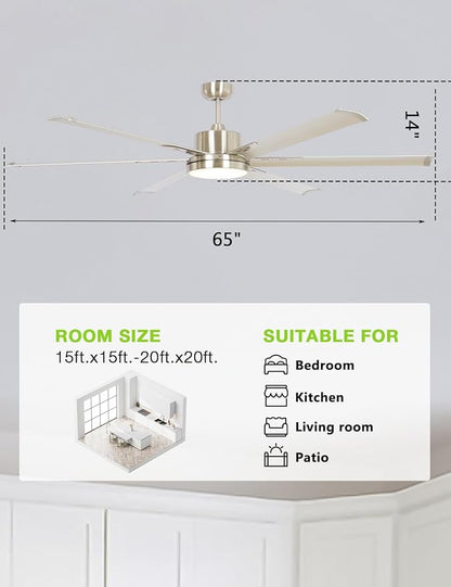 65-Inch DC Motor Ceiling Fan with LED Light, 6 Aluminum Blades, Remote Control, Sand Nickel Finish, 2700K Warm White, Energy Efficient Indoor Ceiling Fan for Living Room & Bedroom