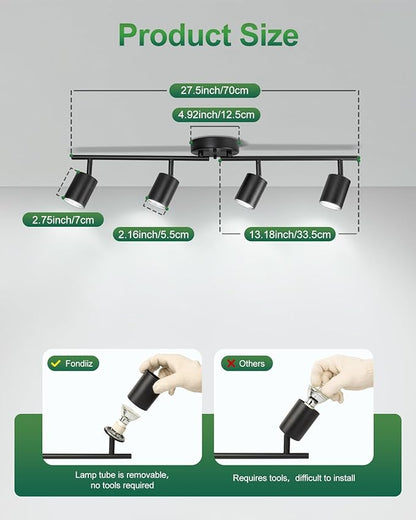 4 Ways Track Lighting, Rotatable Heads Tracks Light, Track Lightings Fixtures Ceiling with Foldable Arms, Modern Black Tracks Light for Kitchen, Living Room, Hallway(Bulbs Not Included)