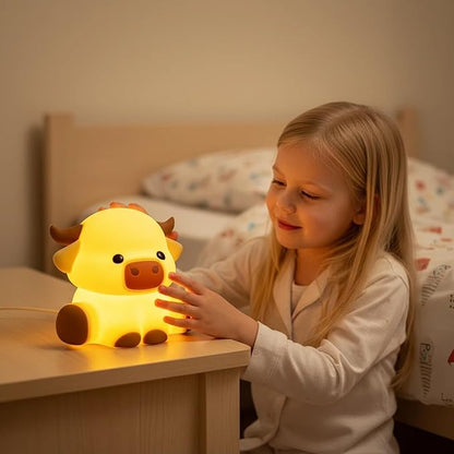 Highland Cow Night Light, Huggwaii Squishy Silicone Lamp for Kids - Dimmable Touch Sensor Cute Animal Lamp, Soft Glow Night Light for Nursery, Bedroom, Christmas Gifts for Boys, Girls, Women