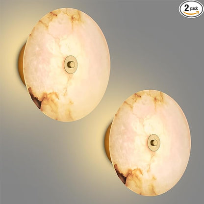 Round Alabaster Wall Sconce Natural White Marble Sconces Set of Two, 3 CCT Adjustable Wall Lamp Decor Home, 8W Hardwired Circular Wall Lights for Bedroom, Stairs, Living Room, Bedside, Hallway (Gold)