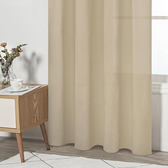FRAMICS Farmhouse Cotton Linen Curtains for Living Room, Boho Button Curtains 63 inch Length, Rustic Country Linen Window Curtains for Bedroom, Rod Pocket Drapes, 52 x 63 Inch, White and Linen