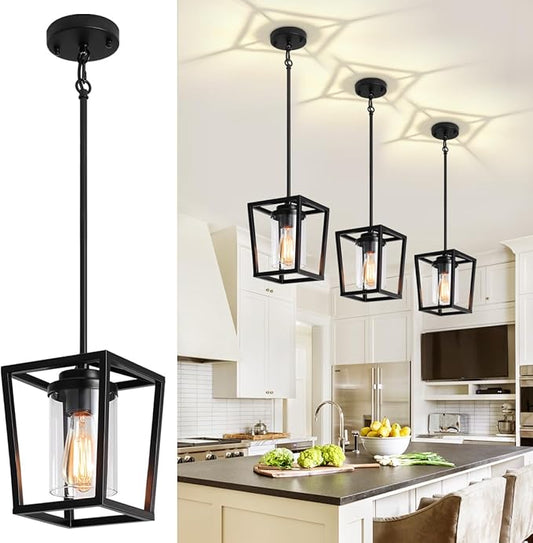 Pendant Lights Kitchen Island,Farmhouse Black Pendant Light Fixture, Lantern Hanging Light Fixture Kitchen Chandelier for Dining Room Foyer Hallway Light