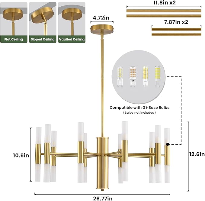 Modern Gold Chandelier 20-Light, Luxury Round Sputnik Chandeliers with Acrylic Shades, 26.7" Candle Chandelier for Dining Room, High Ceilings, Living Room, Foyer, Entryway, G9 Base