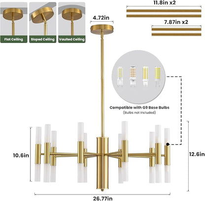 Modern Gold Chandelier 20-Light, Luxury Round Sputnik Chandeliers with Acrylic Shades, 26.7" Candle Chandelier for Dining Room, High Ceilings, Living Room, Foyer, Entryway, G9 Base