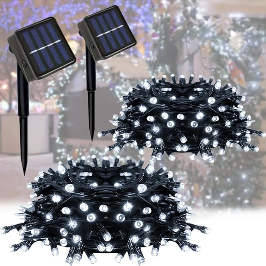 2 Pack Solar String Lights Outdoor, Total 100 LED Each 20Ft with 8 Lighting Modes for Yard, Fence,Balcony, Party,Christmas Tree Decorations (Cold White Light)