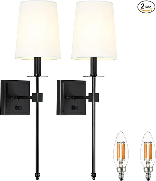 Untrammelife Black Wall Sconces Set of Two, Farmhouse Sconces Wall Lighting with Dimmer ON/Off Switch, Industrial Hardwired Wall Lamps for Bedrooms, Living Room, Bathroom, Vanity (Bulbs Included)