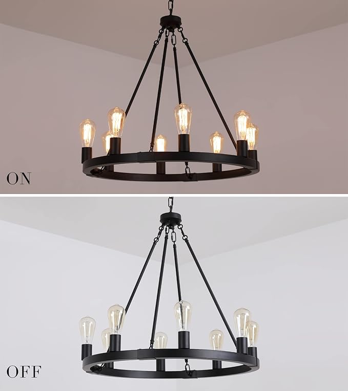 AMZASA Farmhouse 8-Lights Black Industrial Wagon Wheel Chandelier Light Fixture for Foyer Dining Room Kitchen Living Room Entryway Dia27 Inches UL Listed