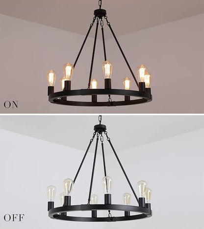 AMZASA Farmhouse 8-Lights Black Industrial Wagon Wheel Chandelier Light Fixture for Foyer Dining Room Kitchen Living Room Entryway Dia27 Inches UL Listed