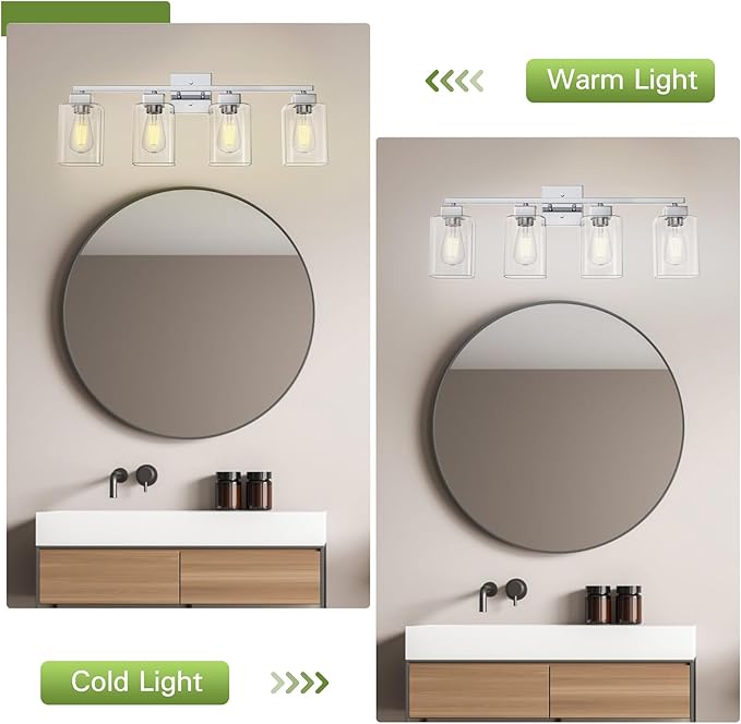 4 Light Bathroom Vanity Light - Chrome Bathroom Light Fixtures Square Design & UL Certification, 26 inch Square Bath Room Lights Over Mirror, Vanity Lighting Fixtures for Living Room & Bedroom