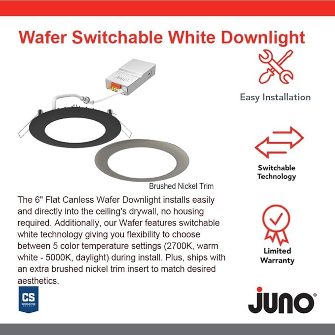 Juno LED Recessed Lights 6 Inch Round Wafer Downlight, 5-in-1 Switchable White Color Temperature, 120 Volts, 6-Inch Ultra-Thin Flat Trim, Matte Black with Brushed Nickel Trim (WF6 SWW5 90CRI MBBN M6)