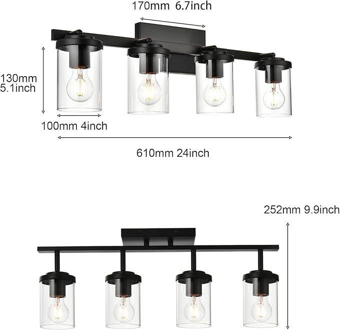 BONLICHT Ceiling Spotlights Track Lighting Kit 4 Light Bathroom Vanity Lighting Black Modern Multi-Directional Ceiling Mount Fixture Industrial Farmhouse Sconces Wall Mount Lamp with Clear Glass Shade