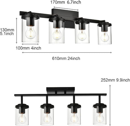 BONLICHT Ceiling Spotlights Track Lighting Kit 4 Light Bathroom Vanity Lighting Black Modern Multi-Directional Ceiling Mount Fixture Industrial Farmhouse Sconces Wall Mount Lamp with Clear Glass Shade