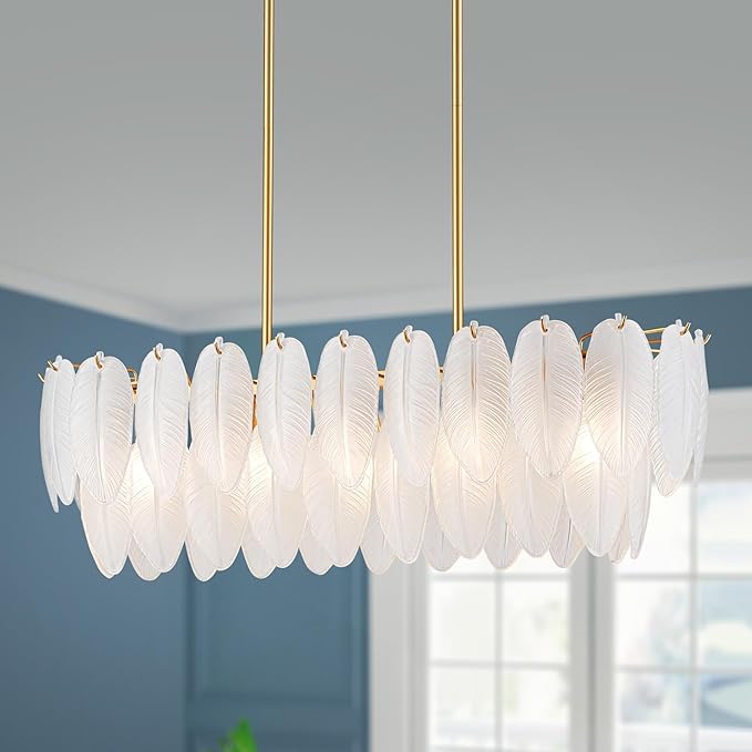 LumFurn 10-Light Glass Linear Chandeliers, Modern Design Island Light Fixture for Dining Room, Kitchen Island, L32xW12xH19~50 Inch(Adjustable Height), Glass Feather Shade & Brass Finish
