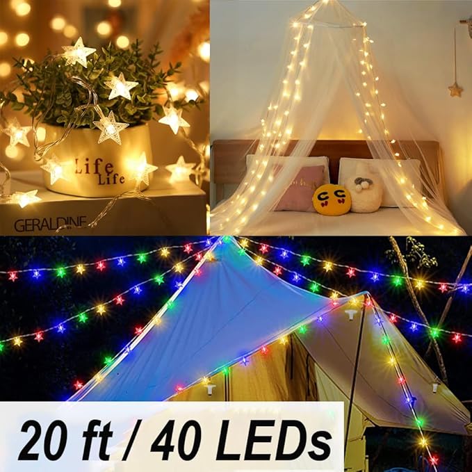 Solhice 20ft Star String Lights Battery Operated 40 LEDs, Warm White & Multicolor Color Changing Twinkle Lights Kids Room, Bunk Bed Hanging Lights Indoor and Outdoor Decor