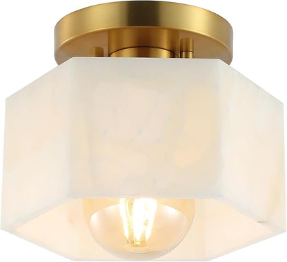 JONATHAN Y 8" Brass Gold Modern 1-Light Hexagonal LED Semi Flush Mount Ceiling Light, White Alabaster Marble Shade, Glam Lamp for Hallway, Bedroom, Bathroom, LED Bulb Included JYL1204A