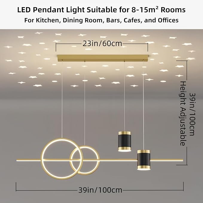 Modern LED Pendant Lights for Kitchen Island, Dimmable Led Linear Chandelier with Remote Control, 39in Gold Island Lighting Lamp Fixture for Office, Dining Room, Decorative Interior Lighting