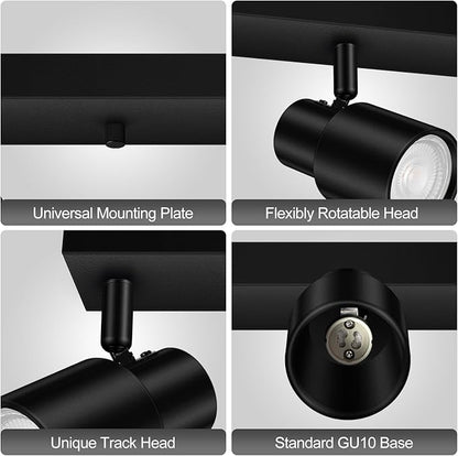 Plug in Track Lighting, 23" LED Track Lighting Fixtures Ceiling, Black 4 Way Spotlight, Rotatable Track Head, Plug in Ceiling Light with Power Cord, Plug Wall Light for Kitchen Hallway(GU10, NO Bulb)