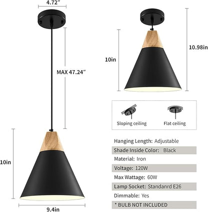 Modern Pendant Lights, 3 Packs 9.4inch Black Pendant Light, Kitchen Pendant Lights, Farmhouse Pendant Light for Kitchen, Living Room, Bar, Bedroom, Office