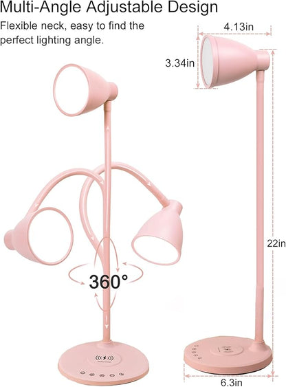 BOHON Cute Pink Aluminum Desk Lamp with USB C+A Charging Ports, Wireless Charger, 5 Colors Stepless Dimming, Touch Control, Memory Function, LED Light for Home Office College Dorm Room