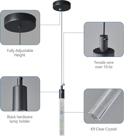 Modern Kitchen Island Pendant Light Dimmable LED Black Finish Mini Crystal Pendant Lighting Bedroom Bedside Table Small Pendant Lights（1-Pack）