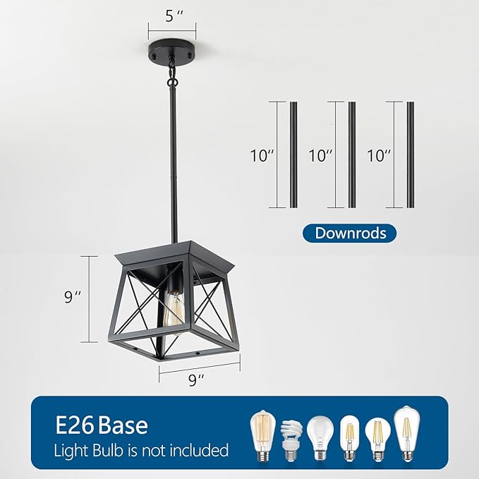 Black Farmhouse Pendant Lights, Industrial Kitchen Island Lighting, Rectangle Linear Cage Chandeliers for Kitchen, Dining Room Table