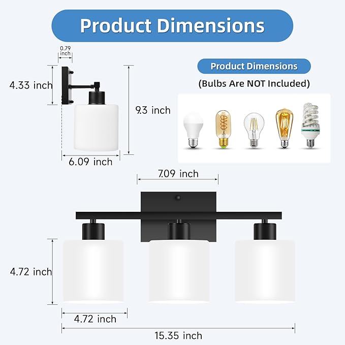 SILAMPDI Black Bathroom Light Fixture Over Mirror, Rustproof 3-Light Vanity Lights Fixtures, Modern Wall Sconces Lighting for Bedroom, Hallway, Milky White Glass Shades, E26 Base, Bulbs Not Included