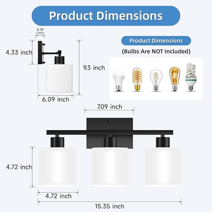 SILAMPDI Black Bathroom Light Fixture Over Mirror, Rustproof 3-Light Vanity Lights Fixtures, Modern Wall Sconces Lighting for Bedroom, Hallway, Milky White Glass Shades, E26 Base, Bulbs Not Included